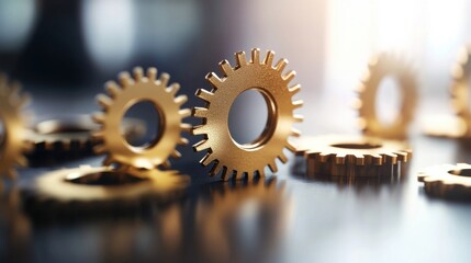 Fototapete - Close-up of golden gears interlocked, symbolizing teamwork, collaboration, and precision engineering.  The metallic sheen reflects light, highlighting intricate details. : Generative AI