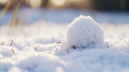 Poster - A small mound of fresh snow sits atop winter grasses, illuminated by the soft golden light of the setting sun, creating a serene winter scene. : Generative AI