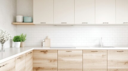Fototapete - Modern kitchen interior with light wood cabinets, white subway tile backsplash, and minimalist decor, featuring potted plants and storage containers. : Generative AI