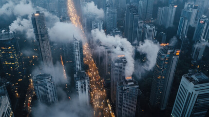 Leinwandbilder - Aerial view of a city skyline at dawn, shrouded in mist, with a busy highway illuminated by streetlights winding through dense high-rise buildings. : Generative AI
