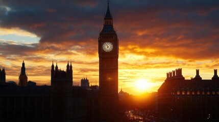 Aufkleber - London's iconic Big Ben silhouetted against a vibrant, fiery sunset, with the Houses of Parliament in the background, creating a dramatic cityscape scene. : Generative AI