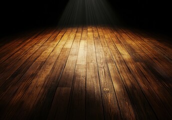 Leinwandbilder - Dramatic Spotlight on Aged Wooden Floorboards: A Rich, Dark Brown Texture with Light Rays Illuminating the Center. : Generative AI