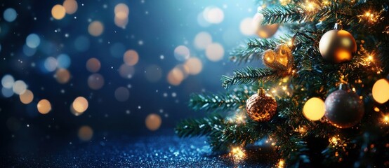 Aufkleber - A beautifully decorated Christmas tree gleams with golden ornaments and warm lights against a dark blue, bokeh-filled backdrop, evoking a festive and magical holiday atmosphere. : Generative AI