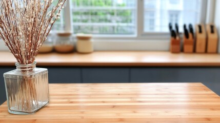 Poster - Dried flowers in a glass vase on a light wooden kitchen counter, blurred kitchen background with window and knives. : Generative AI