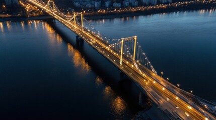 Leinwandbilder - Night aerial view of a illuminated suspension bridge spanning a dark river, with city lights visible in the background. : Generative AI