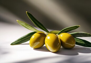 Aufkleber - Three ripe green olives on a branch, glistening under soft light, rest on a white surface.  The image showcases the olives' vibrant color and texture, emphasizing their natural beauty. : Generative AI