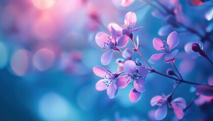 Poster - Delicate pink and purple blossoms on a branch, bathed in soft, ethereal light, creating a dreamy, romantic springtime scene. : Generative AI