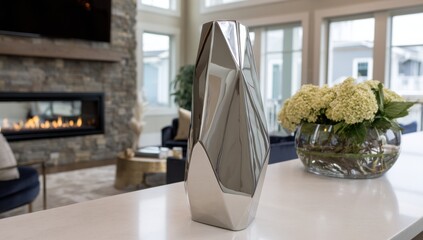 Poster - Modern silver vase with geometric design sits on a white countertop, hydrangeas in a glass bowl nearby, blurred living room background with fireplace. : Generative AI