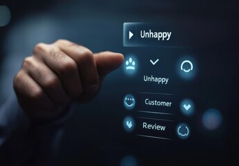 Poster - A hand interacts with a digital interface, selecting the 'unhappy' customer review option, highlighting negative feedback and user experience. : Generative AI