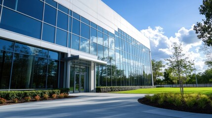 Poster - Modern glass office building exterior with landscaped grounds on a sunny day.  The contemporary architecture features a large glass facade reflecting the sky and trees. : Generative AI