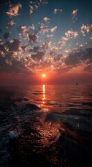 Poster - A breathtaking sunset over the ocean, with fiery orange and red hues painting the sky and reflecting on the water's surface. A lone sailboat is visible on the horizon, adding to the se : Generative AI