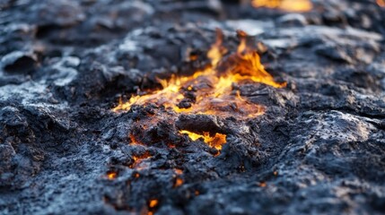 Leinwandbilder - Closeup view of fiery orange flames licking across dark, rough volcanic rock surface, creating a dramatic, intense, and textured scene. : Generative AI