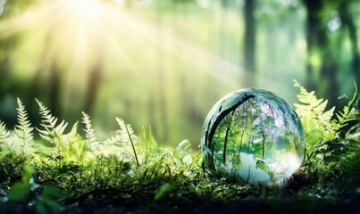 Leinwandbilder - Crystal sphere reflecting a lush forest scene, bathed in sunlight, rests gently on vibrant green moss and ferns. : Generative AI