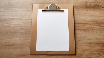 Poster - Blank white paper on brown clipboard, sitting on light brown wooden desk.  Perfect for mockups or adding your own text and design. : Generative AI