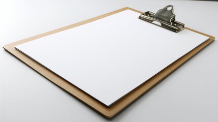 Poster - Blank white paper on a brown clipboard with a silver clamp, ready for notes or drawings.  Perfect for office, school, or creative projects. : Generative AI