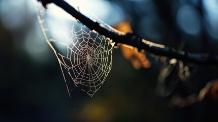 Leinwandbilder - A delicate spiderweb, glistening with morning dew, hangs from a dark branch, bathed in the soft light of sunrise.  The blurred background suggests a tranquil autumnal forest scene. : Generative AI