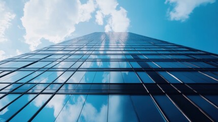 Poster - Modern skyscraper reflecting blue sky and clouds, low angle view showcasing glass facade and architectural design. : Generative AI