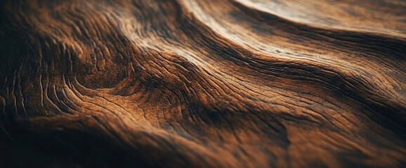 Fototapete - Closeup of rich, dark brown wood grain with a wavy texture, showing intricate details and natural patterns.  The image evokes a feeling of warmth and natural beauty. : Generative AI