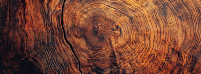 Poster - Intricate wood grain texture showcasing rich, dark brown and orange hues, with a prominent central knot and visible cracks, ideal for background or design element. : Generative AI