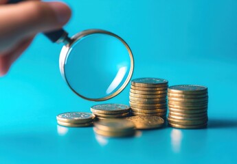 Fototapete - A hand holds a magnifying glass over stacks of gold coins on a vibrant blue background, symbolizing financial analysis and wealth examination. : Generative AI