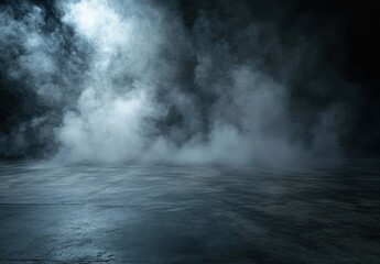 Poster - Dark, moody scene with thick, swirling blue-grey smoke rising above a textured concrete floor, ideal for dramatic product displays or atmospheric backgrounds. : Generative AI