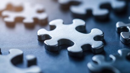 Poster - Close-up view of metallic puzzle pieces on a dark surface, illustrating concepts of connection, problem-solving, and teamwork. : Generative AI