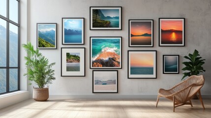 Poster - Gallery wall featuring ten framed landscape photographs of serene seascapes, mountains, and sunsets, displayed in a modern living room with a wicker chair and potted plant. : Generative AI