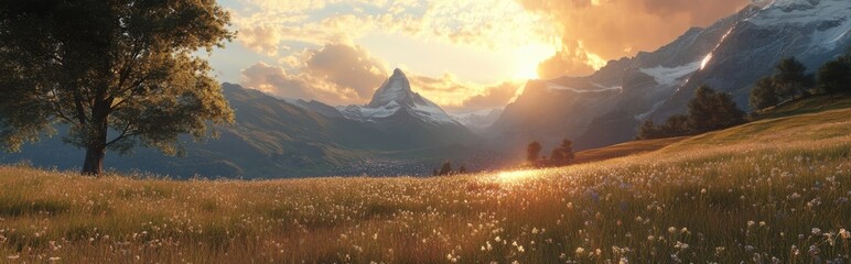 Poster - Golden sunset illuminates a picturesque alpine meadow, wildflowers blooming in the foreground with a majestic snow-capped mountain peak in the background. : Generative AI
