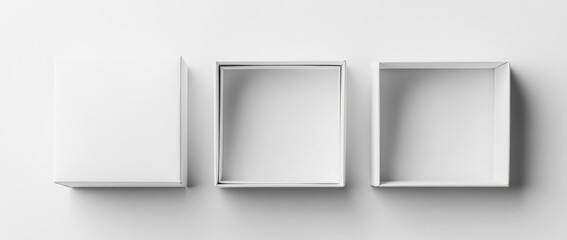 Poster - Three white cardboard boxes, one closed, one open, and one empty, arranged on a light gray background.  Perfect for packaging, product display, or branding mockups. : Generative AI