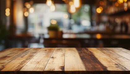 Aufkleber - Rustic wooden table top with blurred cafe background, perfect for product placement or menu design. Warm lighting and cozy atmosphere. : Generative AI