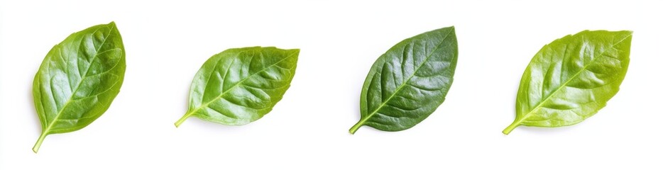 Leinwandbilder - Four vibrant green leaves isolated on a white background, showcasing their detailed texture and natural form. Ideal for botanical, nature, or health-related projects. : Generative AI