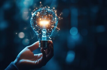Aufkleber - A hand gently holds a glowing lightbulb, its intricate network of connections radiating brilliance, symbolizing innovation and interconnected ideas. : Generative AI