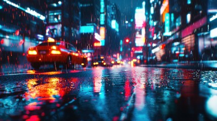 Poster - Rainy night in a vibrant city, showcasing blurred car lights reflecting on a wet street, creating a dynamic and colorful urban scene. : Generative AI