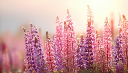 Poster - Vibrant pink and purple lupine flowers bathed in warm sunlight, creating a breathtaking summer meadow scene. : Generative AI
