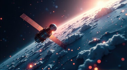 Wall Mural - Satellite orbiting earth with sunrise over snow-covered landscape. magnetic storm