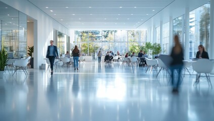 Poster - Modern office interior with blurred people working and walking, large windows showing autumn trees, bright sunlight illuminating the space. : Generative AI