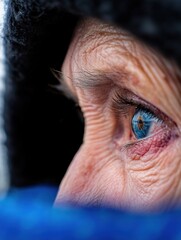 Poster - Close-up profile view of an elderly woman's eye, showing wrinkles and texture, gazing into the distance with a hint of reflection in her blue iris.  The image evokes a sense of contemp : Generative AI