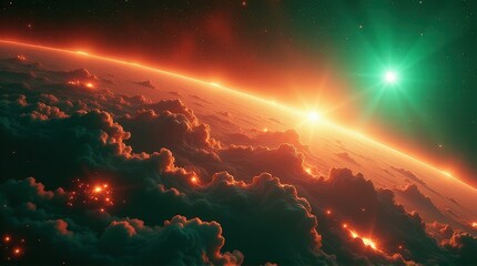 Wall Mural - Stunning cosmic landscape with twin stars illuminating an alien planet horizon. magnetic storm