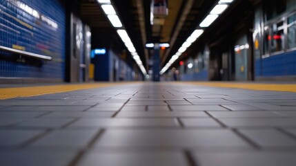 Leinwandbilder - Subway platform perspective: A low angle view of a gray tiled platform with yellow lines, leading towards a blurred background of a modern subway station. : Generative AI