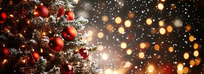 Aufkleber - Close-up of a snow-dusted Christmas tree adorned with red ornaments and warm, golden lights against a bokeh background, evoking a festive winter scene. : Generative AI