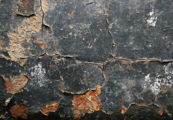 Poster - A detailed close up of dark, cracked paint reveals rusty orange undertones and aged texture, ideal for grunge or industrial design projects. : Generative AI