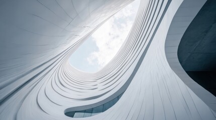 Poster - Curving white architectural facade with skylight, showcasing modern building design and innovative construction techniques.  The image offers a unique perspective, highlighting the bui : Generative AI
