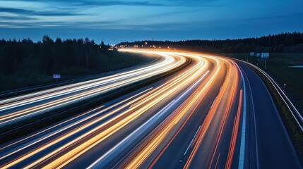 Poster - Night highway scene showcasing vibrant light trails of speeding vehicles curving through a dark forest landscape under a twilight sky. : Generative AI