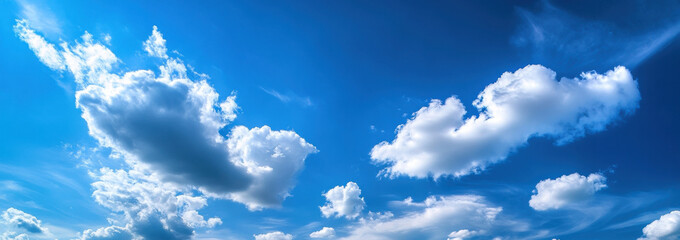 Aufkleber - A panoramic view of a vibrant blue sky adorned with fluffy cumulus clouds, showcasing a serene and peaceful atmosphere. : Generative AI