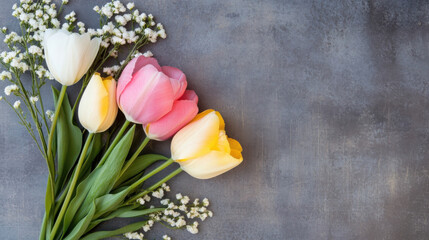 Poster - Pastel tulips and baby's breath flowers arranged on a gray textured surface, creating a delicate and spring-like floral composition. : Generative AI
