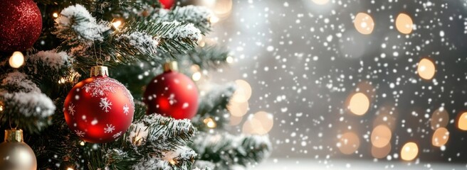 Fototapete - Close-up of a snow-dusted Christmas tree adorned with red ornaments and warm, glowing lights, creating a festive winter scene. : Generative AI