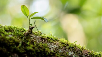 Fototapete - A tiny sprout emerges from mossy bark, showcasing vibrant green leaves against a soft, blurred forest background.  The image evokes themes of new life, growth, and the resilience of na : Generative AI