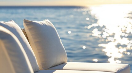 Aufkleber - Relaxing outdoor scene with two off-white cushions on a patio lounger overlooking a calm ocean at sunset. : Generative AI