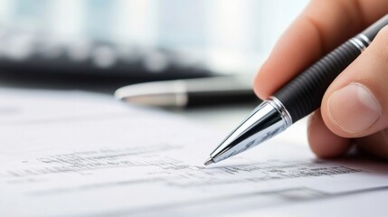 Fototapete - Close-up of a hand meticulously filling out a detailed financial document with a silver pen, showcasing precision and attention to detail in business or accounting. : Generative AI