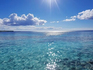 Poster - A tranquil ocean scene with a bright sun shining, clear turquoise water, and fluffy white clouds in a vibrant blue sky.  The calm water reflects the sunlight, creating sparkling highli : Generative AI
